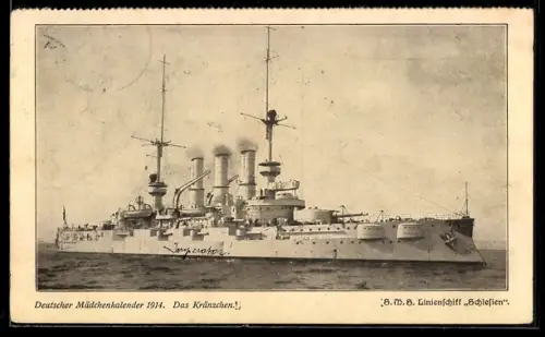 AK Linienschiff S.M.S. Schlesien auf See, Kriegsschiff