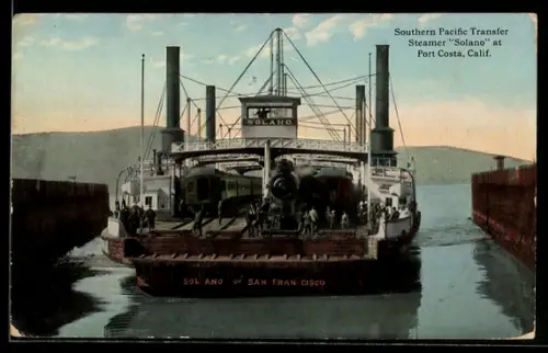 AK Port Costa, CA, Fährschiff Solano mit Eisenbahn an Bord