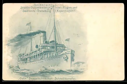AK Passagierschiff Odin der Postdampfer-Linie Stettin-Insel Rügen und Sassnitz-Trelleborg