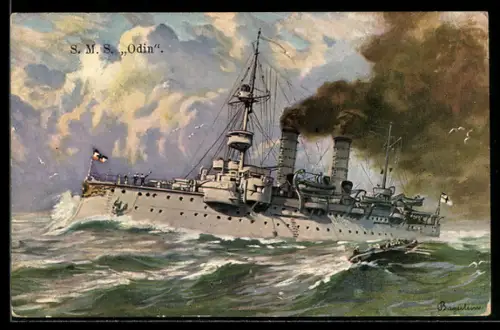 Künstler-AK Küstenpanzerschiff S.M.S. Odin in schwerer See