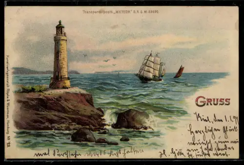 Lithographie Leuchtturm am Wasser und nahendes Segelschiff, Halt gegen das Licht