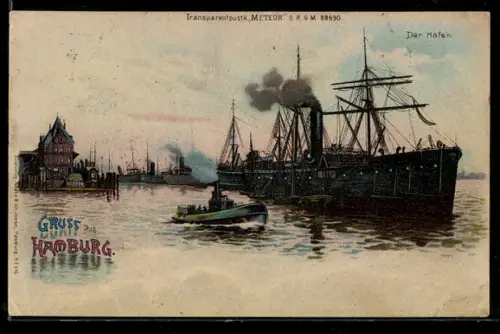 Lithographie Hamburg, Segelschiff und Dampfer im Hafen, Gewitter im Gegenlicht, Halt gegen das Licht