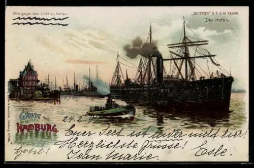 Lithographie Hamburg, Segelschiff und Dampfer im Hafen, Gewitter im Gegenlicht, Halt gegen das Licht