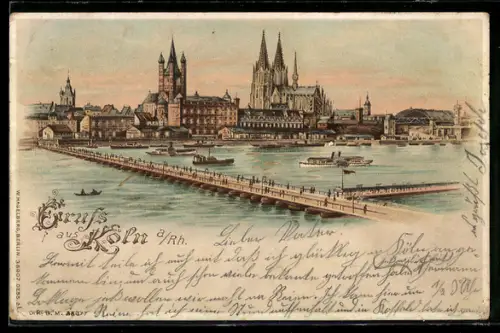Lithographie Köln a. Rh., Panorama und Rheinpartie bei Tag und bei Nacht, Halt gegen das Licht