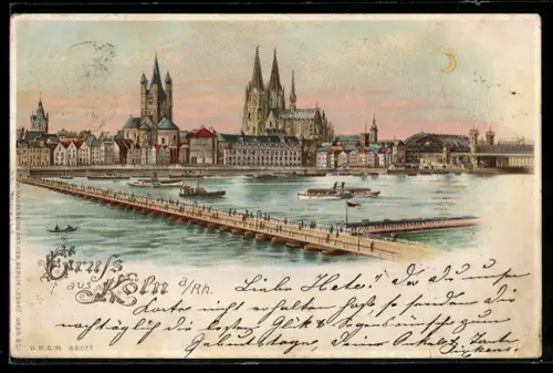 Lithographie Köln, Panorama bei Tag und bei Nacht, Halt gegen das Licht