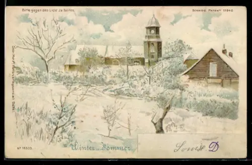 Lithographie Winterliche Landschaft mit Kirche und Bauern bei der Feldarbeit, Halt gegen das Licht