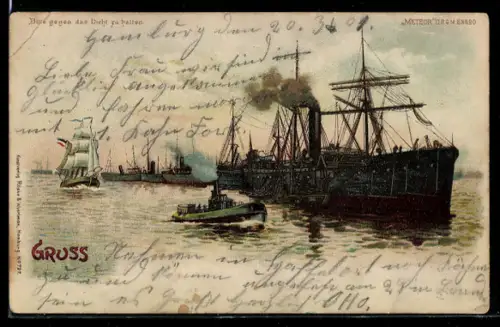 Lithographie Hamburg, Segelschiff und Dampfer im Hafen, Gewitter im Gegenlicht, Halt gegen das Licht