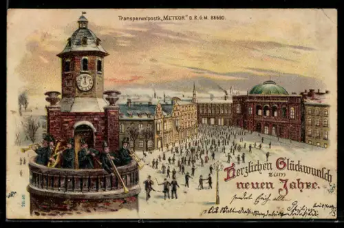 Lithographie Neujahrsgruss, Blaskapelle auf einem verschneiten Turm, Halt gegen das Licht