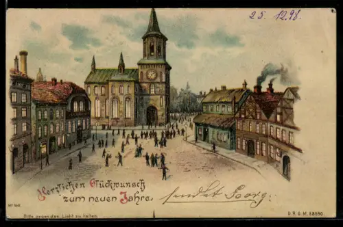 Lithographie Neujahrsgruss, Marktplatz mit Kirche, Halt gegen das Licht