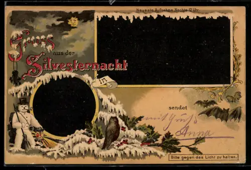 Lithographie Schneemann und Eule, Gruss aus der Silversternacht, Halt gegen das Licht