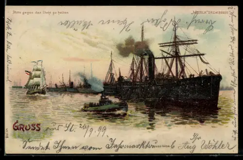 Lithographie Hamburg, Segelschiff und Dampfer im Hafen, Gewitter im Gegenlicht, Halt gegen das Licht