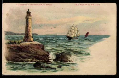 Lithographie Leuchtturm am Wasser und nahendes Segelschiff, Halt gegen das Licht