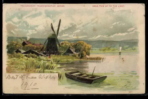 Lithographie Windmühle am See, Regenbogen nach Gewitter, Halt gegen das Licht