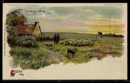 Lithographie Heide-Idyll mit Schäfer und Herde, Abendrot, Halt gegen das Licht