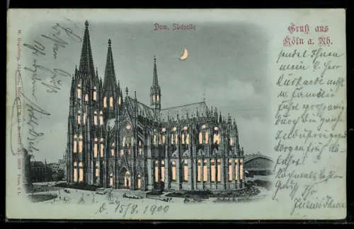 Lithographie Köln, Dom mit leuchtenden Fenstern, Südseite, Halt gegen das Licht