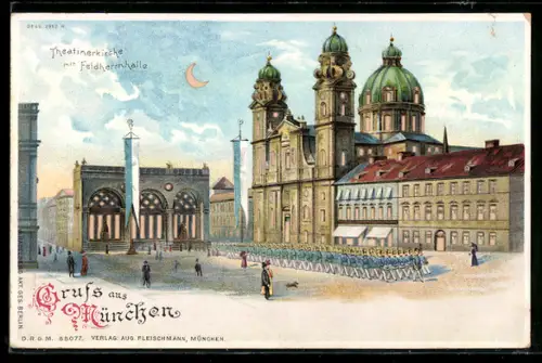Lithographie München, Theatinerkirche mit Feldherrnhalle, beleuchtete Fenster, Halt gegen das Licht