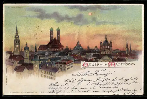 Lithographie München, Blick auf die Stadt bei Sonnenuntergang, Halt gegen das Licht