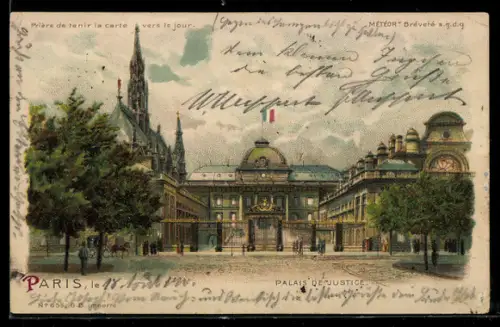 Lithographie Paris, Palais de Justice, Mondschein und Fensterbeleuchtung, Halt gegen das Licht