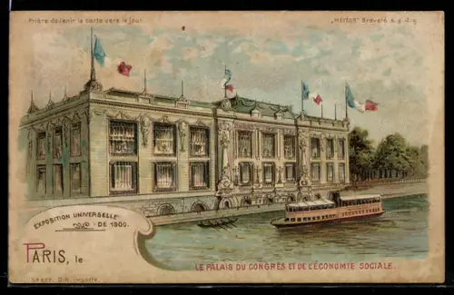 Lithographie Paris, Exposition Universelle de 1900, Le Palais du Congrès et de l`Economie Sociale, Halt gegen das Licht