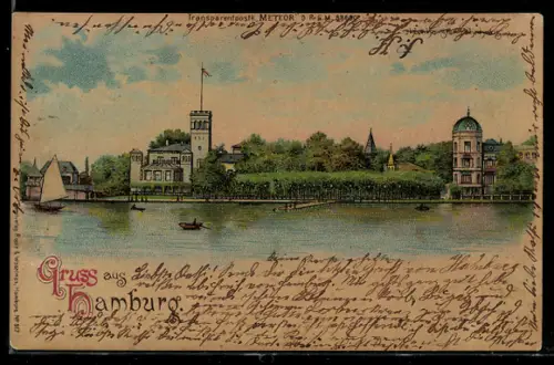 Lithographie Hamburg, Gasthof Uhlenhorster Fährhaus, Feuerwerk am Abend, Halt gegen das Licht