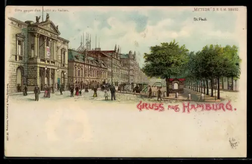 Lithographie Hamburg, Strassenpartie in St. Pauli, Tänzerin, Halt gegen das Licht