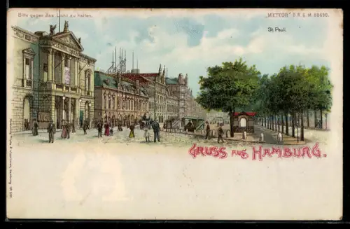 Lithographie Hamburg, Partie an der Central Halle, Mondschein und Tänzerin im Gegenlicht, Halt gegen das Licht