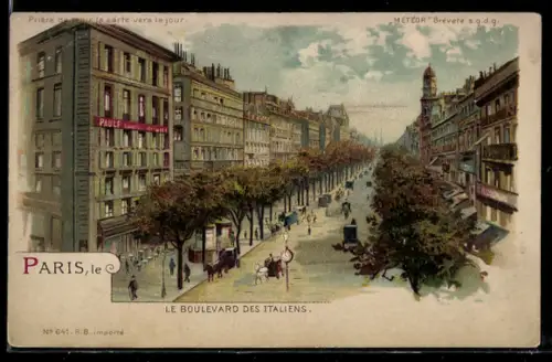 Lithographie Paris, Le Boulevard des Italiens, Leuchtende Fenster, Halt gegen das Licht