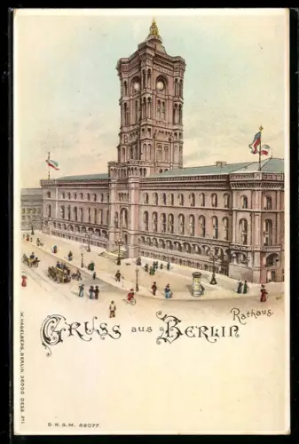 Lithographie Berlin, Strassenpartie mit Rathaus, leuchtende Fenster, Halt gegen das Licht