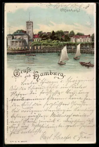Lithographie Hamburg-Uhlenhorst, Gasthaus Uhlenhorster Fährhaus, leuchtende Fenster, Segelboote, Halt gegen das Licht