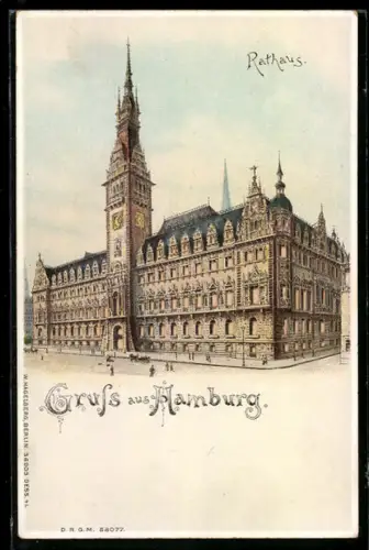Lithographie Hamburg, Rathaus mit leuchtenden Fenstern, Halt gegen das Licht