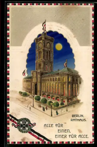 AK Berlin, Rathaus, Reichsfahne und Eisernes Kreuz, Halt gegen das Licht