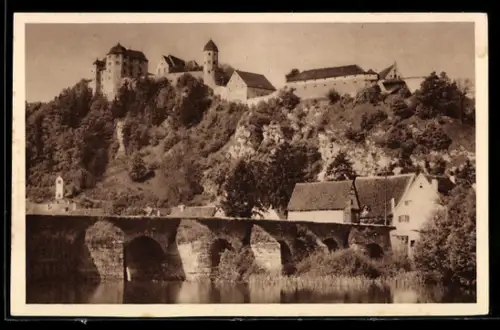 AK Harburg, Blick über Wörnitz auf Ort und Brücke WHW Winterhilfswerk, Ganzsache