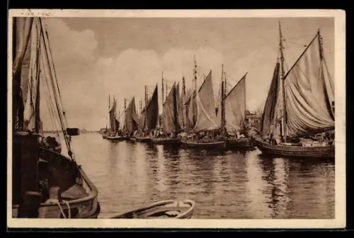 AK Warnemünde, Boote im Hafen WHW Winterhilfswerk 1934/35, Ganzsache