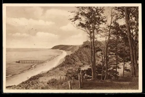 AK Misdroy, Blick auf den Ostseestrand mit Seesteg WHW Winterhilfswerk 1934/35, Ganzsache