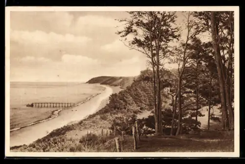 AK Misdroy, Blick auf den Ostseestrand mit Seesteg WHW Winterhilfswerk 1934/35, Ganzsache