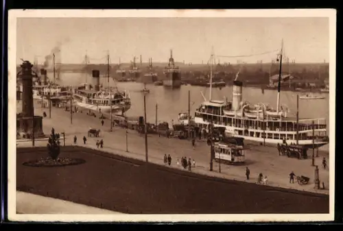 AK Stettin, Dampfschiffbollwerk mit Strassenbahn WHW Winterhilfswerk 1934-35, Ganzsache