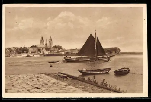 AK Rees am Niederrhein, Rheinpartie mit Blick in den Ort WHW Winterhilfswerk, Ganzsache