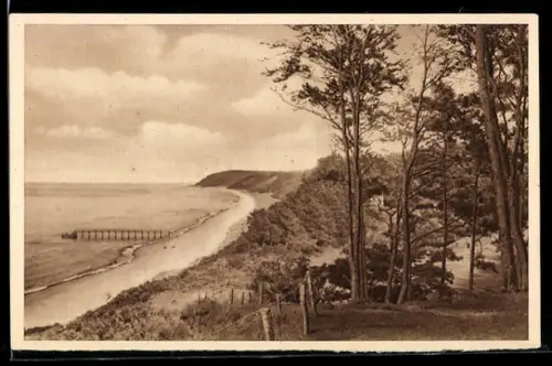 AK Misdroy, Blick auf den Ostseestrand mit Seesteg WHW Winterhilfswerk 1934/35, Ganzsache