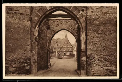 AK WHW Winterhilfswerk 1934-35, Rhens am Rhein, Fachwerkhaus, Torbogen, Ganzsache