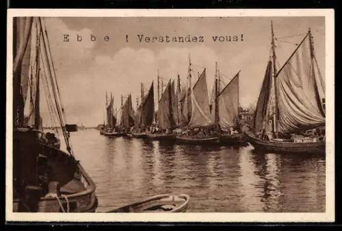 AK Warnemünde, Boote im Hafen WHW Winterhilfswerk 1934/35, Ganzsache