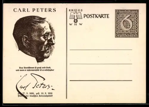 AK Carl Peters im Profil, Politiker WHW Winterhilfswerk, Ganzsache