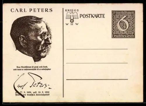 AK Carl Peters im Profil, Politiker WHW Winterhilfswerk, Ganzsache