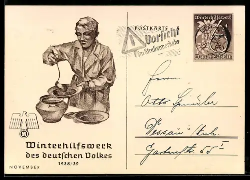 AK Frau beim verteilen von Suppe, Ausstellung Nach der Arbeit 1939,  WHW Winterhilfswerk 1938/39, Ganzsache