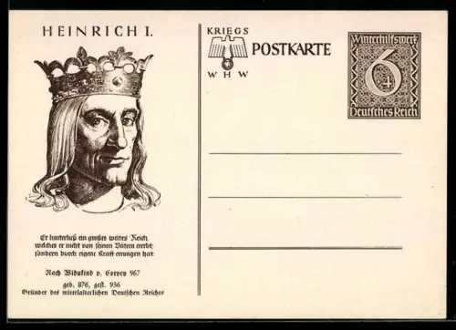 AK Heinrich I., Gründer des mittelalterlichen Deutschen Reiches,  WHW Winterhilfswerk, Ganzsache