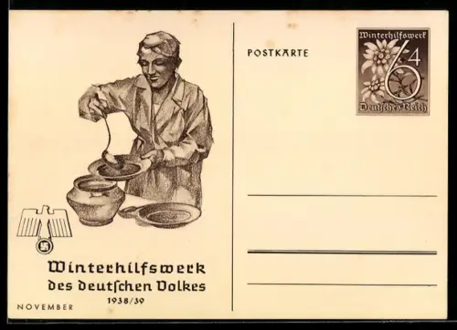 AK Frau beim verteilen von Suppe, Ausstellung Nach der Arbeit 1939,  WHW Winterhilfswerk 1938/39, Ganzsache