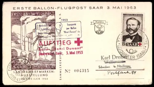 AK Stempel Ballonpost Ballon Henri Dunant 1953, Landesbriefmarken-Ausstellung Dudweiler 1953