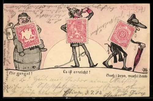 Lithographie Mir gangst! Es ist erreicht! Muss i denn, muss i denn!, Briefmarken auf drei Männern, Ganzsache Württemberg