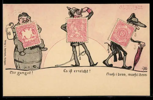 Lithographie Mir gangst! Es ist erreicht! Muss i denn, muss i denn!, Briefmarke auf Wilhelm II, Ganzsache Württemberg