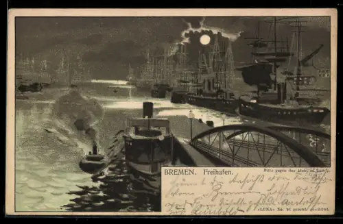 Lithographie Bremen, Dampfer am Freihafen bei Mondschein, Halt gegen das Licht
