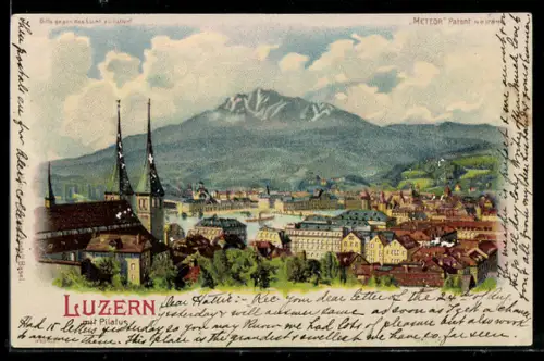 Lithographie Luzern, Teilansicht mit Pilatus, Mondschein bei Halt gegen das Licht